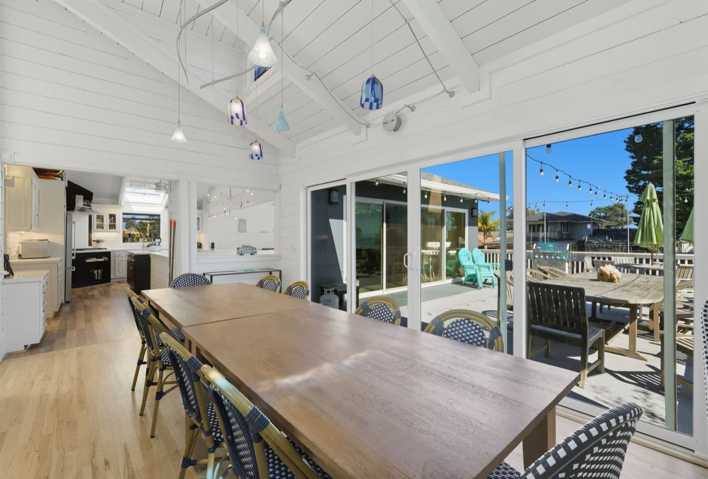 The dining table under vaulted ceilings